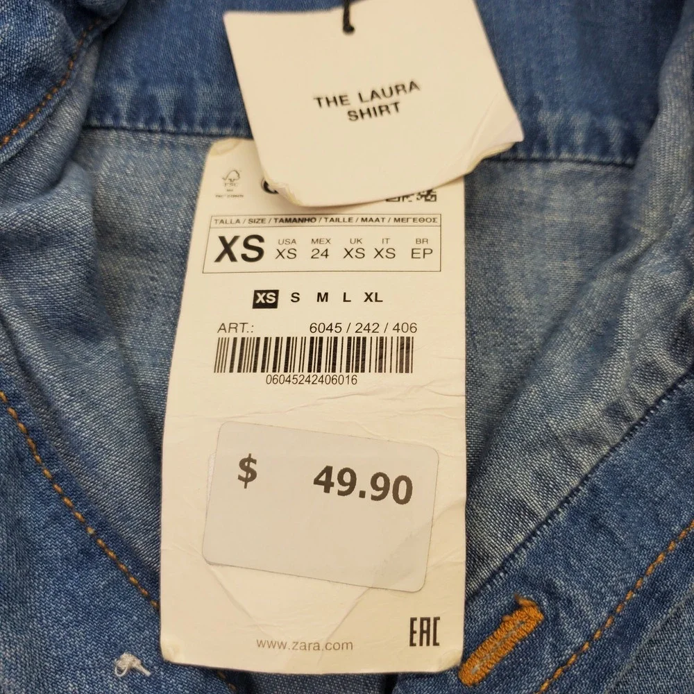 Zara Casual Shirt Mens XS Blue Denim Relaxed Fit Long-Sleeve Collared Button Up - Picture 8 of 8